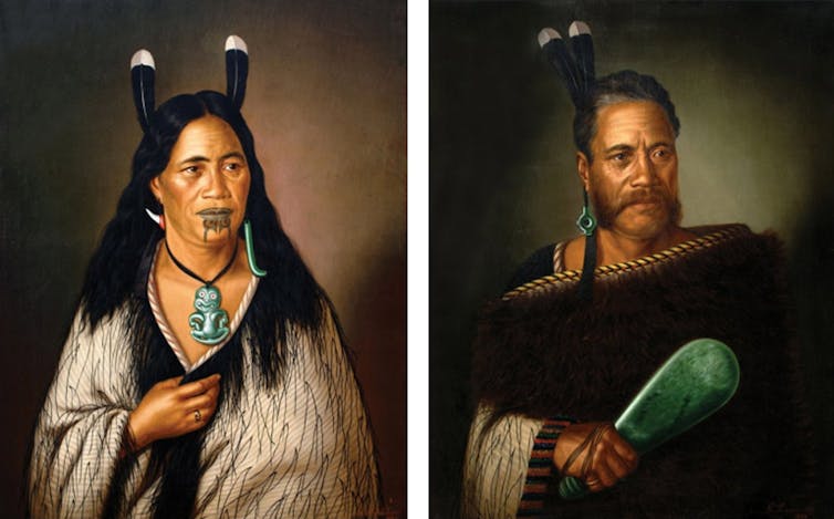Pinturas a óleo de dois chefes maoris.